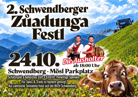 Poster van het 2e Schwendberger Züadunga Festl met Die Ausholter en een koe